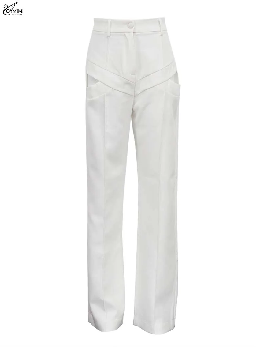Oymiim Fashion Beige Button Women's Pants Autumn High Waisted Hollow Out Trousers Casual New Zipper Straight Full Length Pants