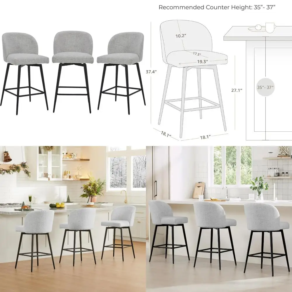 

Набор из 3 поворотных барных стульев с мягкой обивкой и металлическими ножками, высота 26 дюймов, белая ткань (разноцветные)