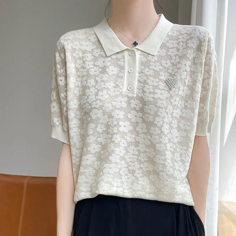 

Новая летняя вязаная футболка с короткими рукавами, женская футболка с лацканами и свободным вязаным тонким топом с цветочным принтом