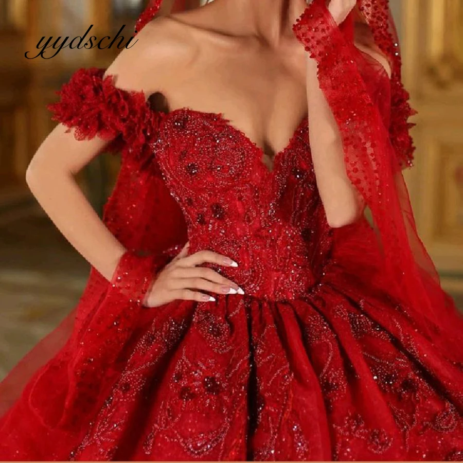 

Red Embroidery Quinceanera Dresses Beading Party Elegant Off the Shoulder Evening Prom Dress for Women Tulle Applique Ball Gown