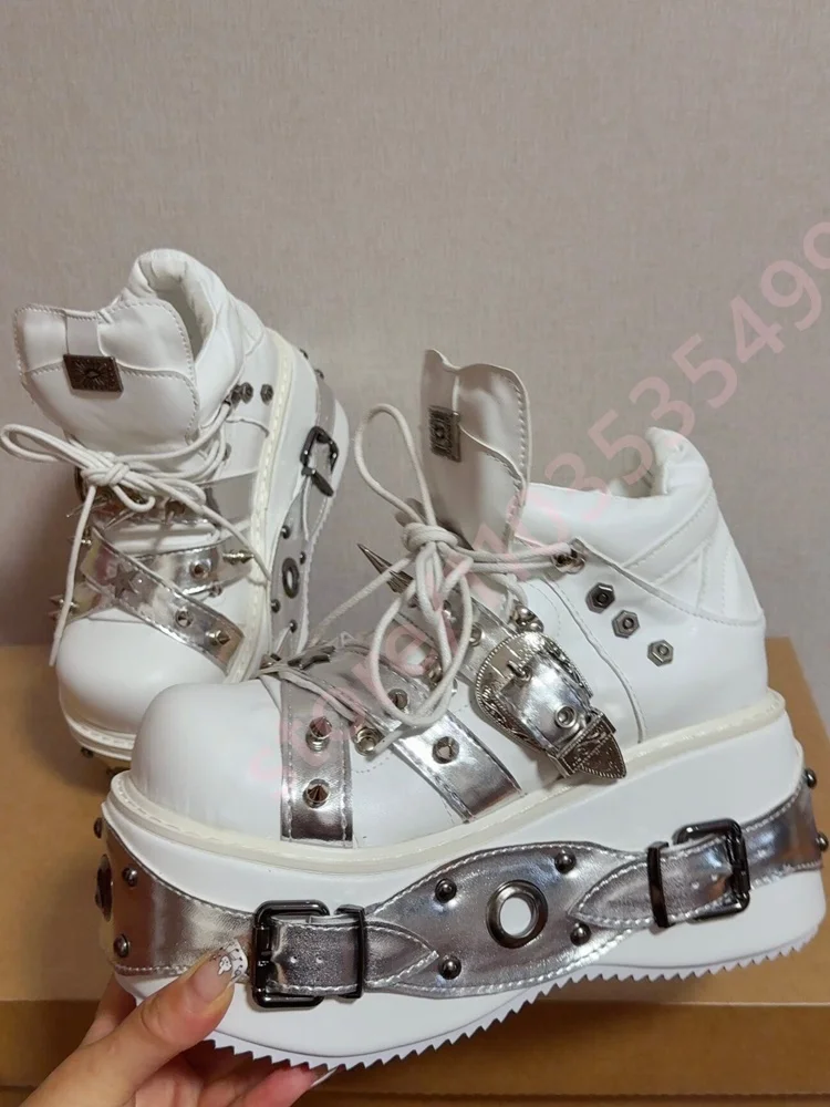 2026 White Silver Punk Platform Ankle Boots Women Spiked Rivet Buckle Lace Up Gothic Y2K Street Style Chunky High Top Shoes view 2
