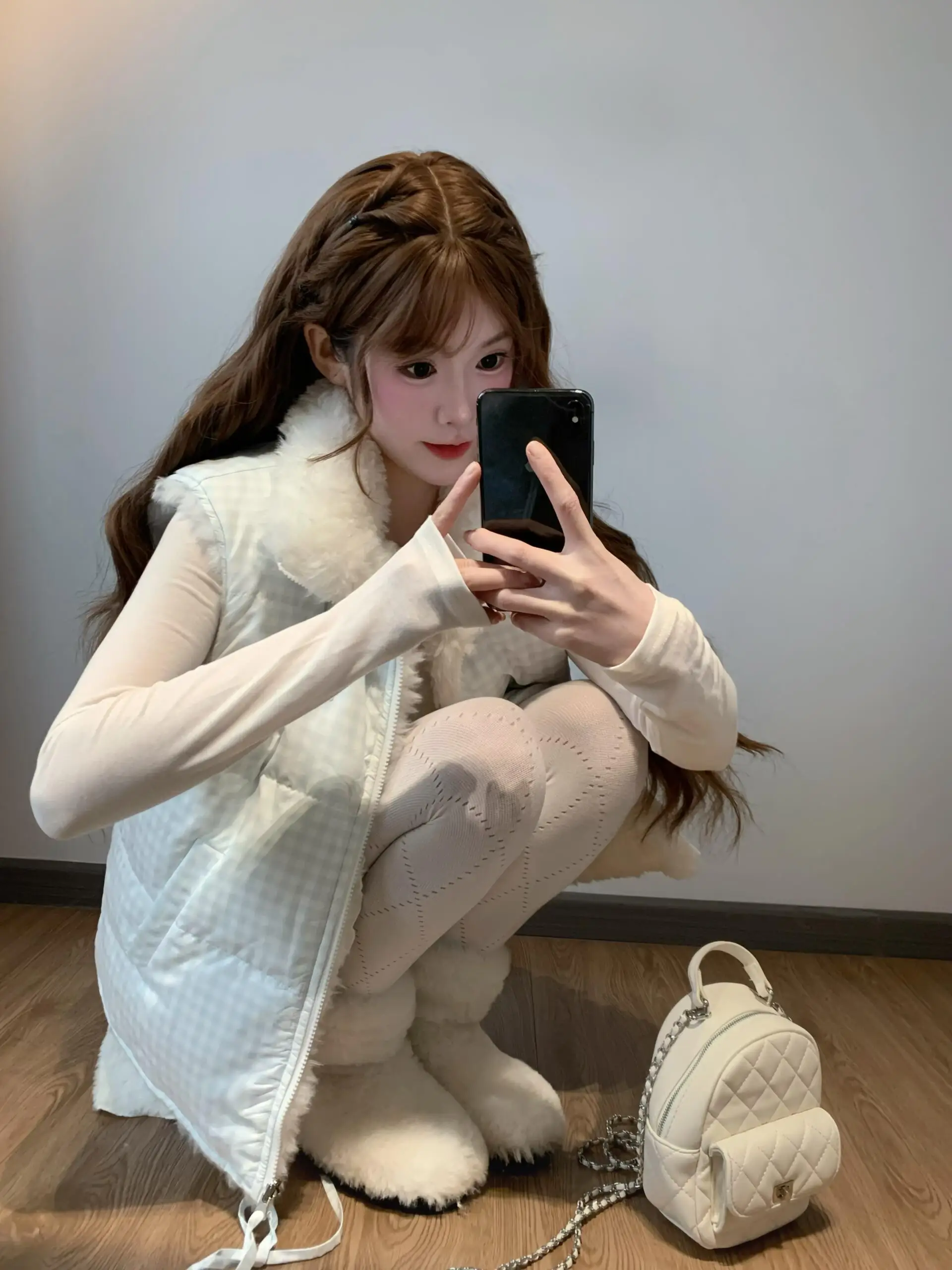 Adorable Sweet Blue Plaid Bowtie Furry Warm Vest Coat for Small Figures Winter 2025 New Arrival Women's Fashion Outerwear