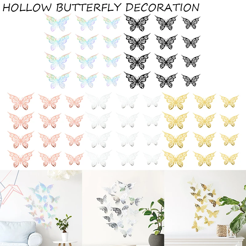 

12pcs Colorful 3D Paper Butterfly Hollow Out Wall Art Sticker Suitable For Home Kods Room Bedroom Decoration Butterflies Sticker