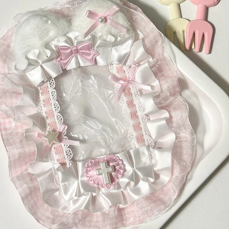 Kawaii 학생을위한 수제 레이스 포토 카드 홀더 카드 케이스 K-Pop 팬 사진 보호 커버 귀여운 리본 보우 ID 배지 홀더