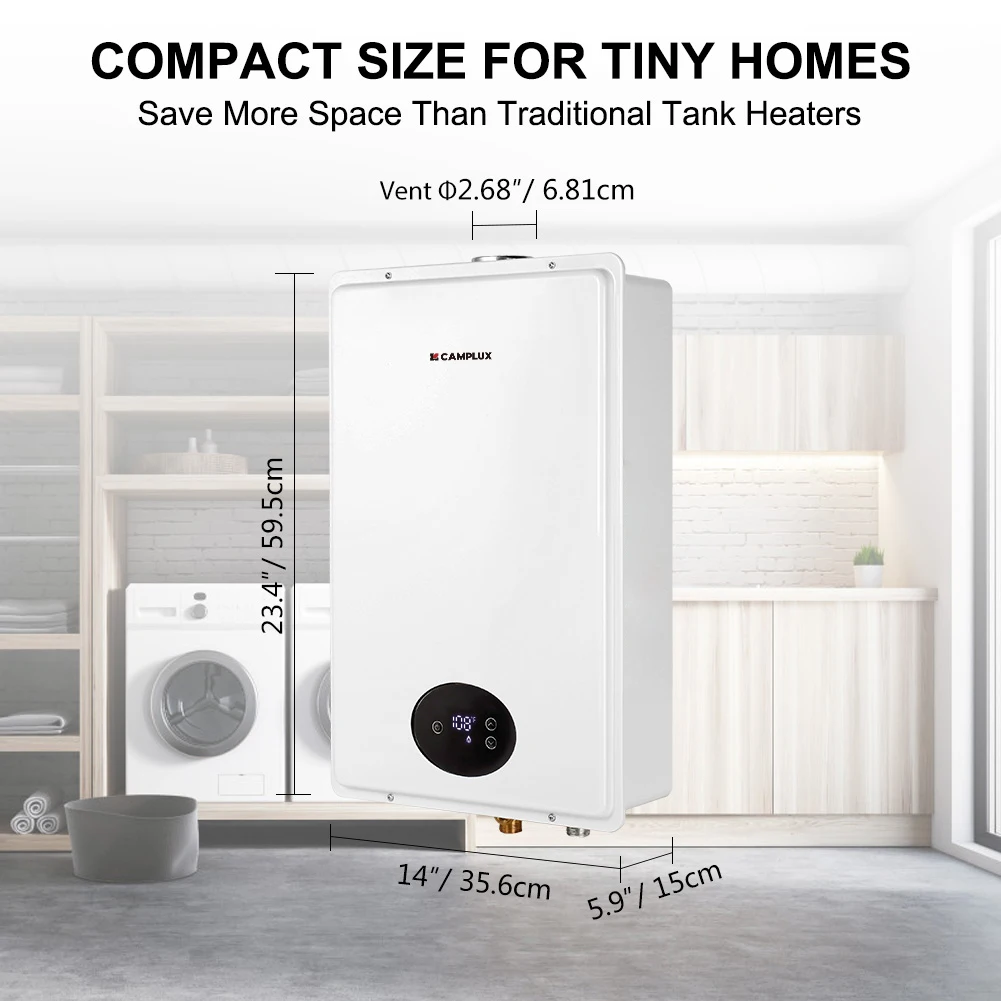 CAMPLUX CA528 5.28GPM 150000BTU Indoor LPG Tankless Hot Water Heater High Flow Instant Heating Compact Design Flue Pipe