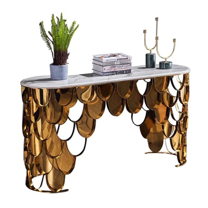 

Light luxury stainless steel marble entrance table, foyer end view table against the wall entrance