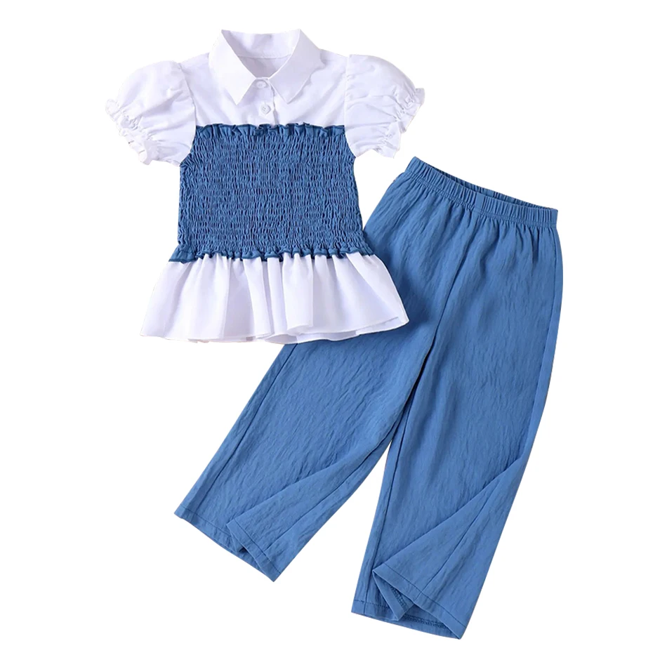 Girls Summer Fashion Set Breathable Cotton Top Comfy Elastic Waist Loose Palazzo Pants Children Sets Children Clothing