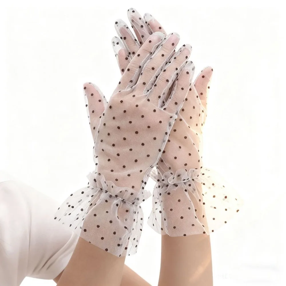 Elegant Ultra Thin Tulle Polka Dot Gloves Transparent Full Finger Lace Mesh Gloves Breathable Wedding Party Mittens Bride