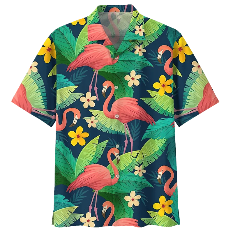 Cartoon Flamingo Birds Pattern Hawaiian Shirts Men 3D Printed Animal Short Sleeve Streetwear Button Blouse Oversized Lapel Shirt