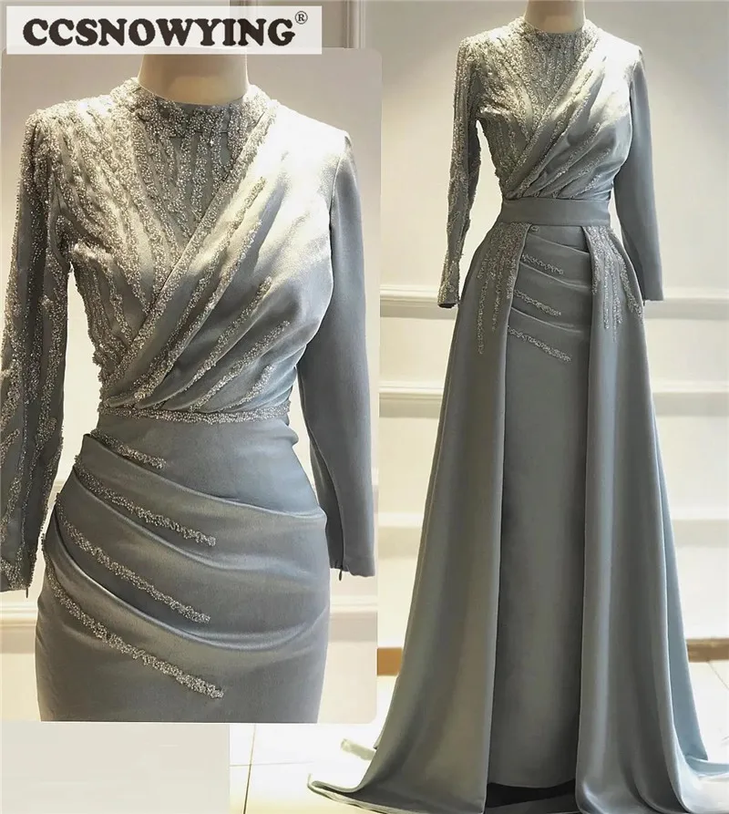 Abito da sera musulmano a maniche lunghe grigio in raso con perline Hijab Prom Abito da festa formale Arabia Dubai Caftano Islamico Robe De Soiree