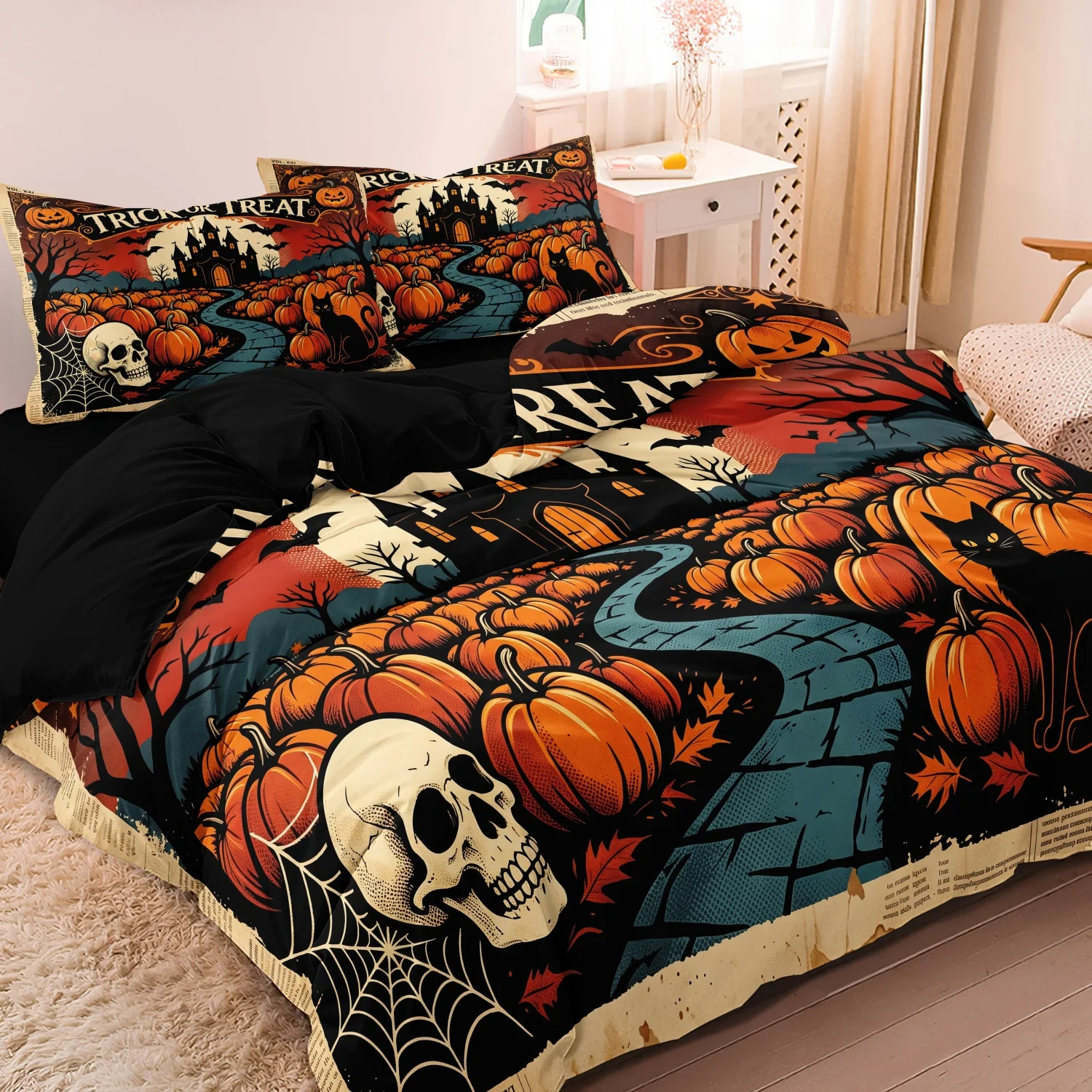 3‑Piece Retro Halloween Print Duvet Cover Set, Trick or Treat Vintage Pumpkin Skull Black Cat Castle Bat Print Bedding
