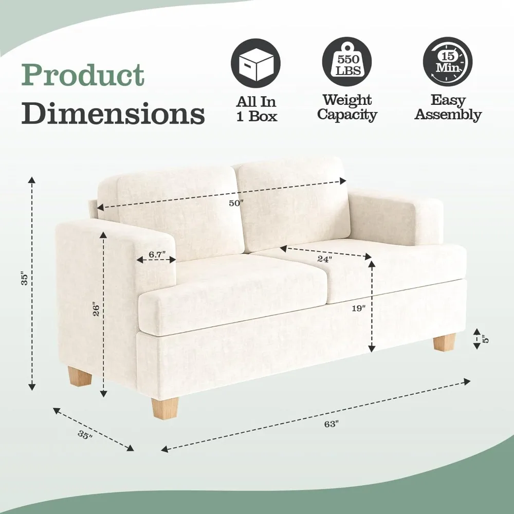 أريكة Loveseat مقاس 63 بوصة، أريكة صالة سحابية مع وسادتين لغرفة النوم، أريكة صالة الشنيل لشقق غرفة المعيشة، Bei