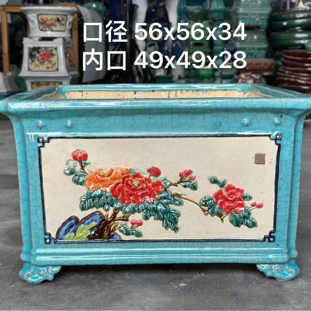 Flower pot, square pot, all handmade, four-sided applique glazed, all hand-pulled embryos, all hand-made, bonsai home pendulum