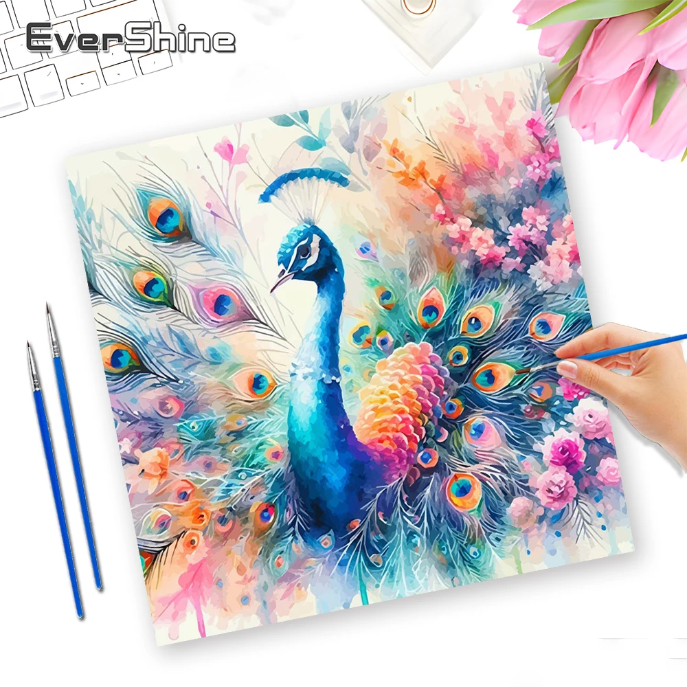 Evershine Malen nach Zahlen Tier-Malset für Erwachsene Digitales Ölgemälde Pfau Ohne Rahmen Leinwandmalerei Wandkunst