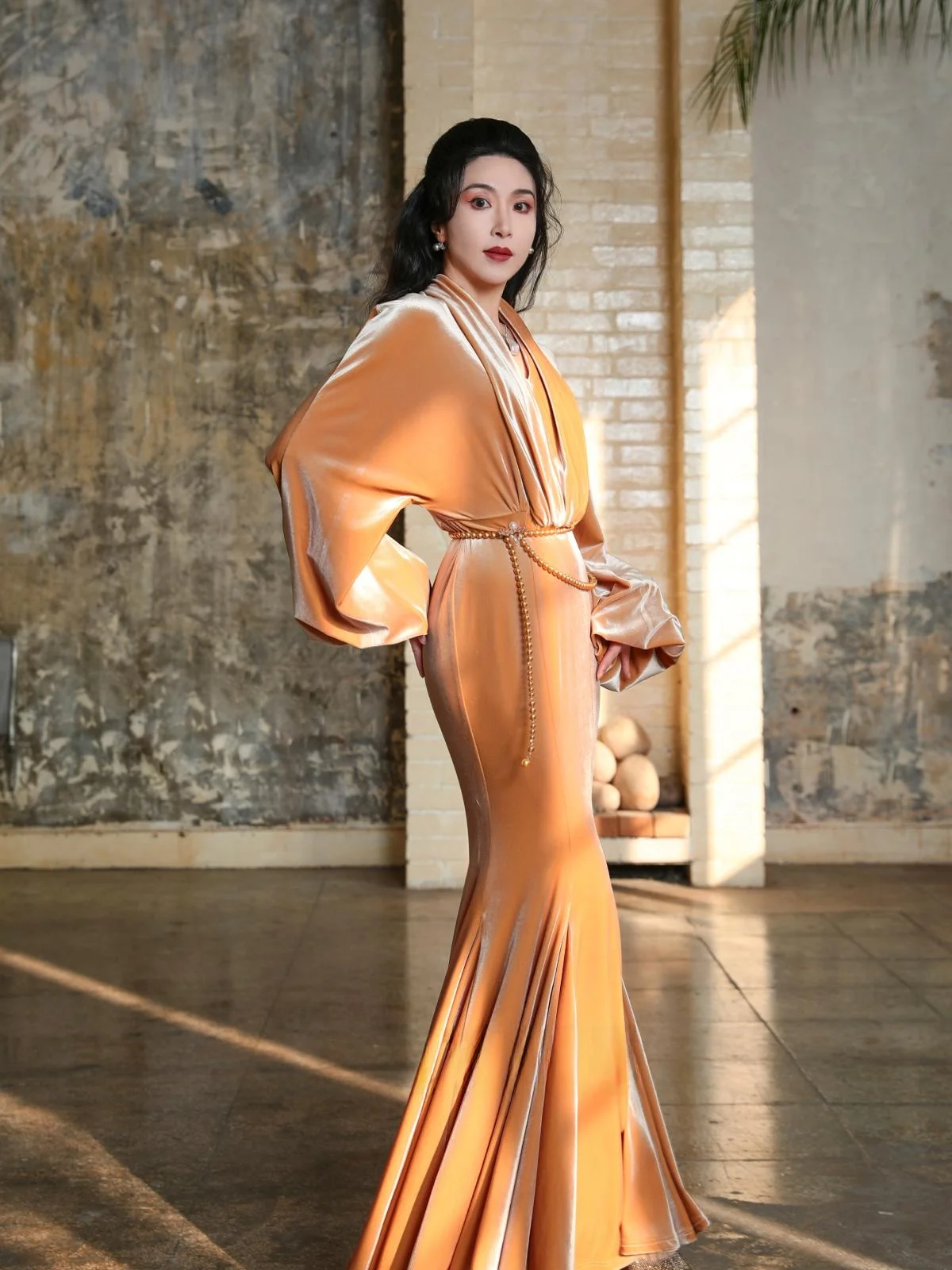 

Ele Vintage Velvet Fi Tail Dr Multi Color Waist aped Long Sve V Ne Polyester Fiber Cosplay Costume Evening Dr