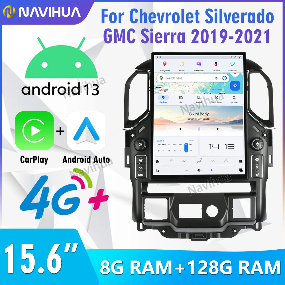 NaviHua 15.6 Inch Tesla Style New Android Car Radio For Chevrolet Silverado GMC Sierra 2019 2021 Multimedia Navigation Carplay