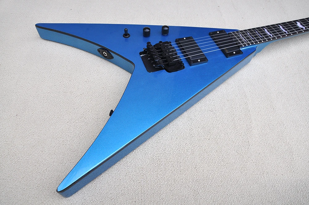 Left Hand 6 Strings Blue V Electric Guitar with Tremolo Bar,Rosewood Fretboard,Can be Customized