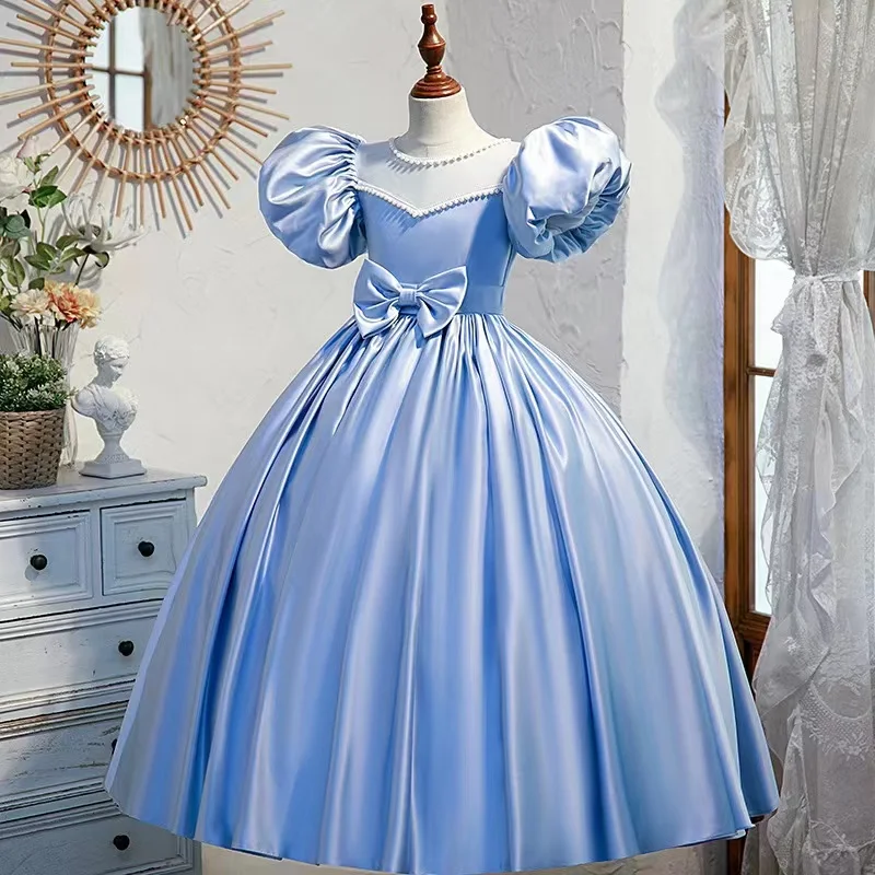 

blue cinderella kid birthday party dresses kid elegant satin puffy princess ball gowns puff sleeve custom bow waistband