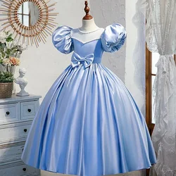 blue cinderella kid birthday party dresses kid elegant satin puffy princess ball gowns puff sleeve custom bow waistband