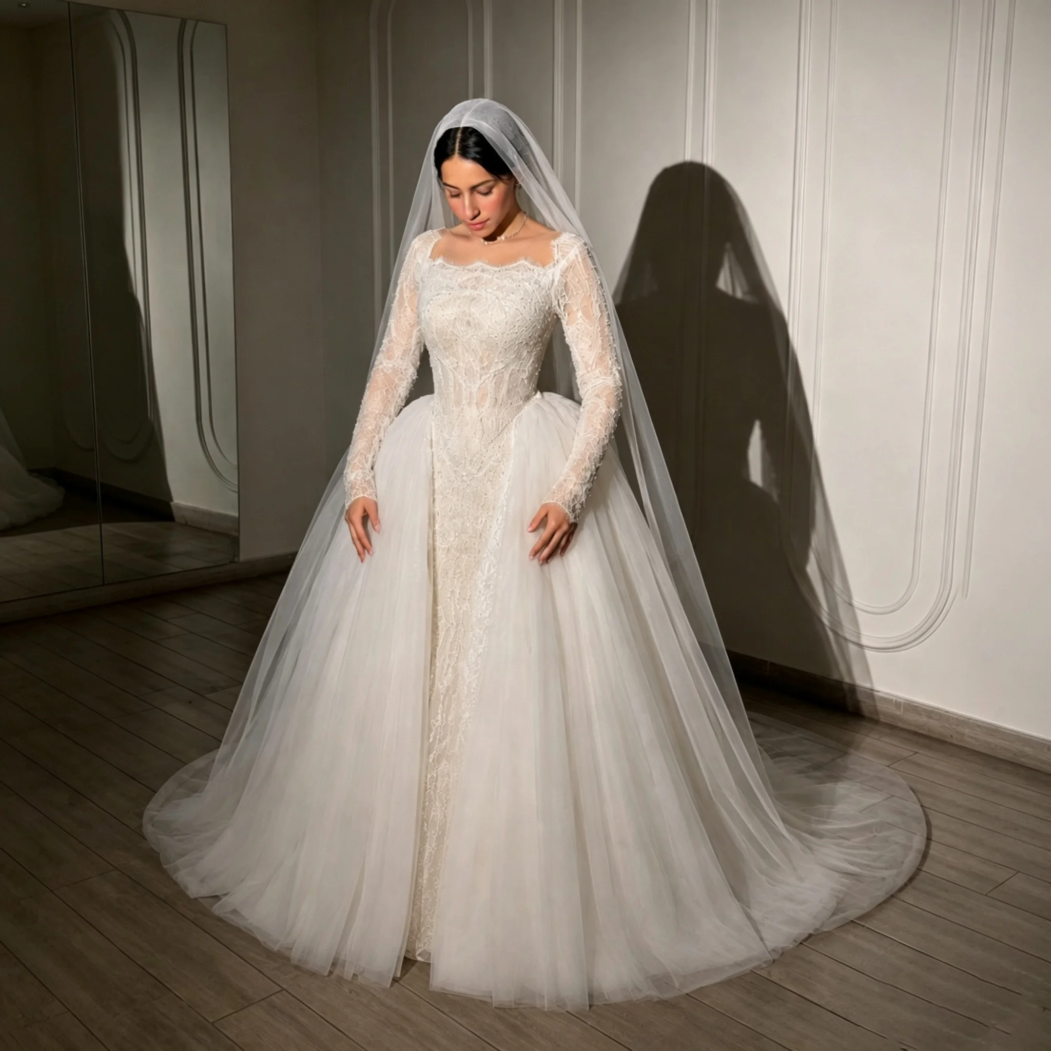 Noble White Wedding Dress Classic Chiffon Boat Neck Long Lace Sleeves Detachable Tail Arab Bridal Ball Dress Customization