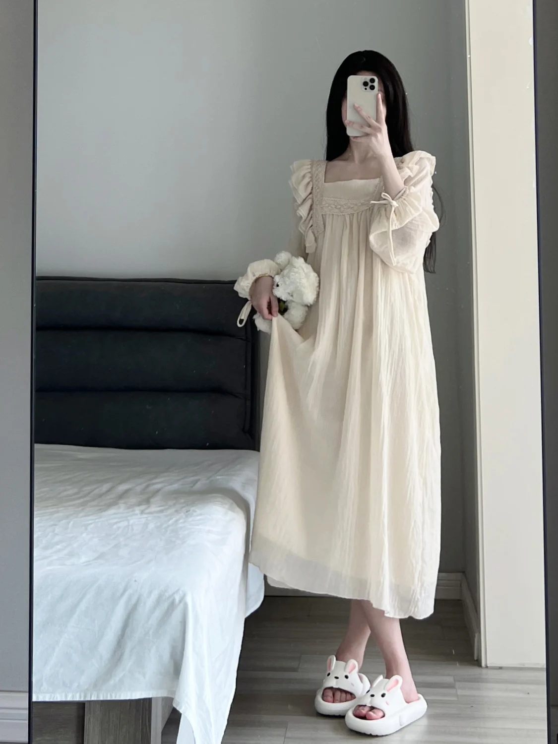 Women Spring Solid Linen Pajamas Dress Female Lace Trim Puffle Sleeves Nightdrss Students Long Dress Oversize Home Clothing 4XL