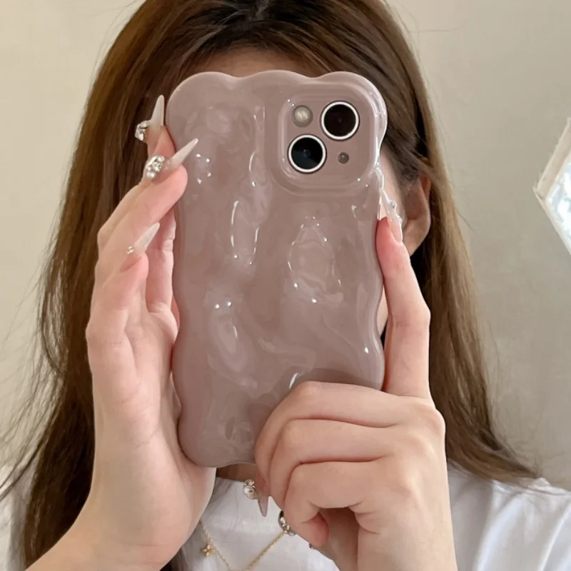 3D Wave Glossy Candy Silicone Case For iPhone 16 15 Plus 14 13 12 11 Pro Max Ins Solid Color Meteorite Texture Shockproof Cover