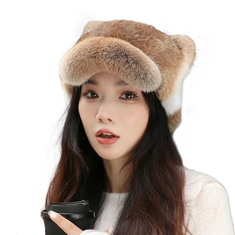 Women Trapper Bomber Hats Russian Ushanka Warm Winter Rabbit Fur Earflap Hat Outdoor Sports Skiing Hunting Plush Cap