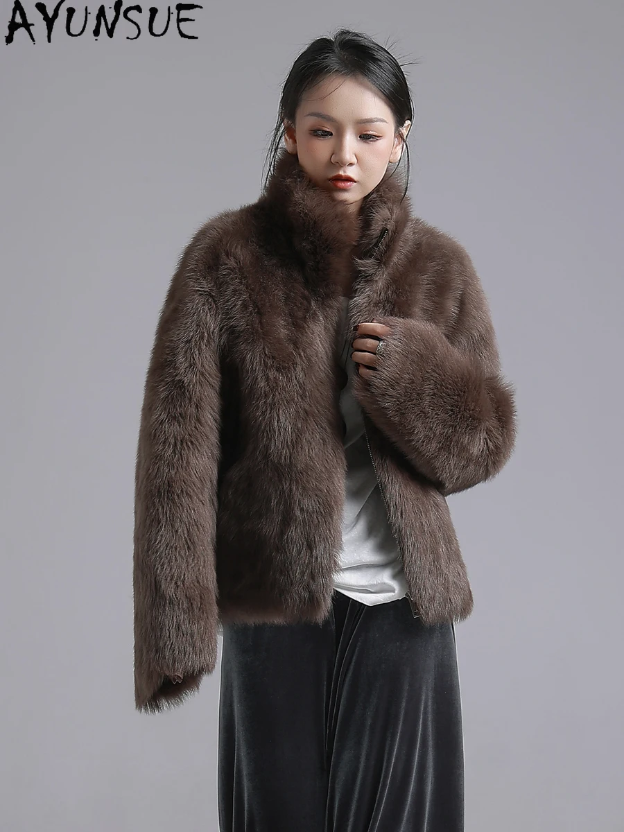 معطف فرو من جلد الغنم الطبيعي من AYUNSUE للنساء جاكيت من الجلد الحقيقي سترات شتوية ملابس فاخرة للسيدات بياقة واقفة Schumbu Жеenca
