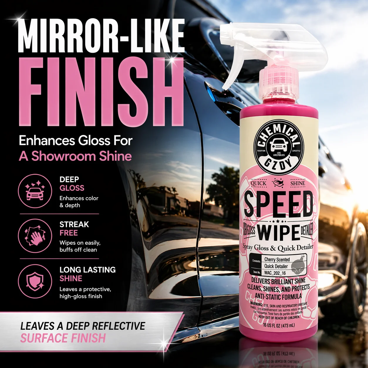 Quick Detailer Liquid 16 oz – Speed Wipe High Gloss, Streak-Free, Anti-Static Car Care with Cherry Scent