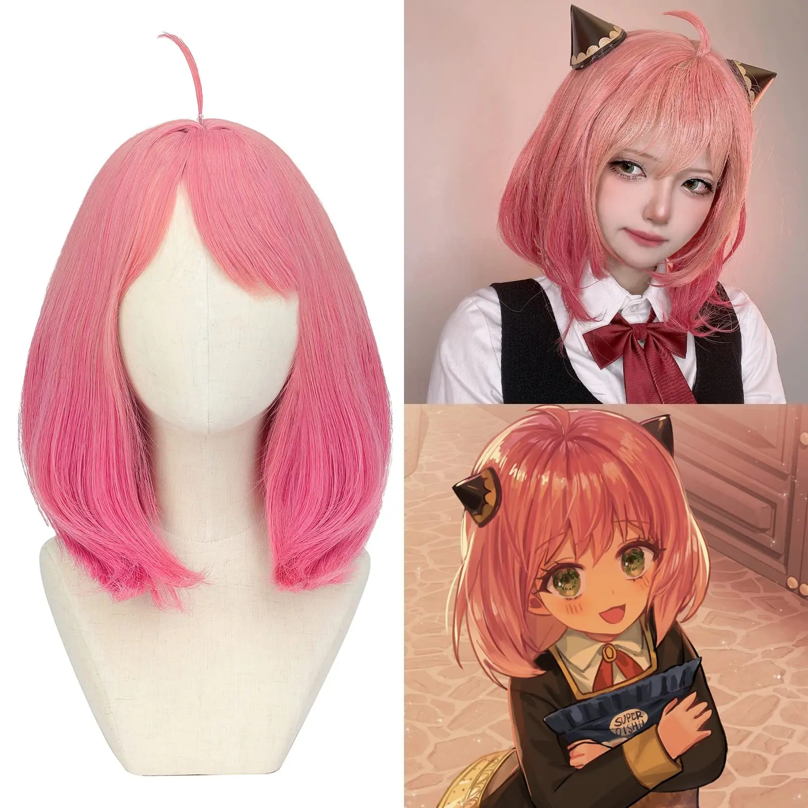 

shangzi Anya Forger Pink Cosplay Wigs For Women Spy Family Anime Costume Female Short Bob Spiky Braids Hair Wig with Bangs