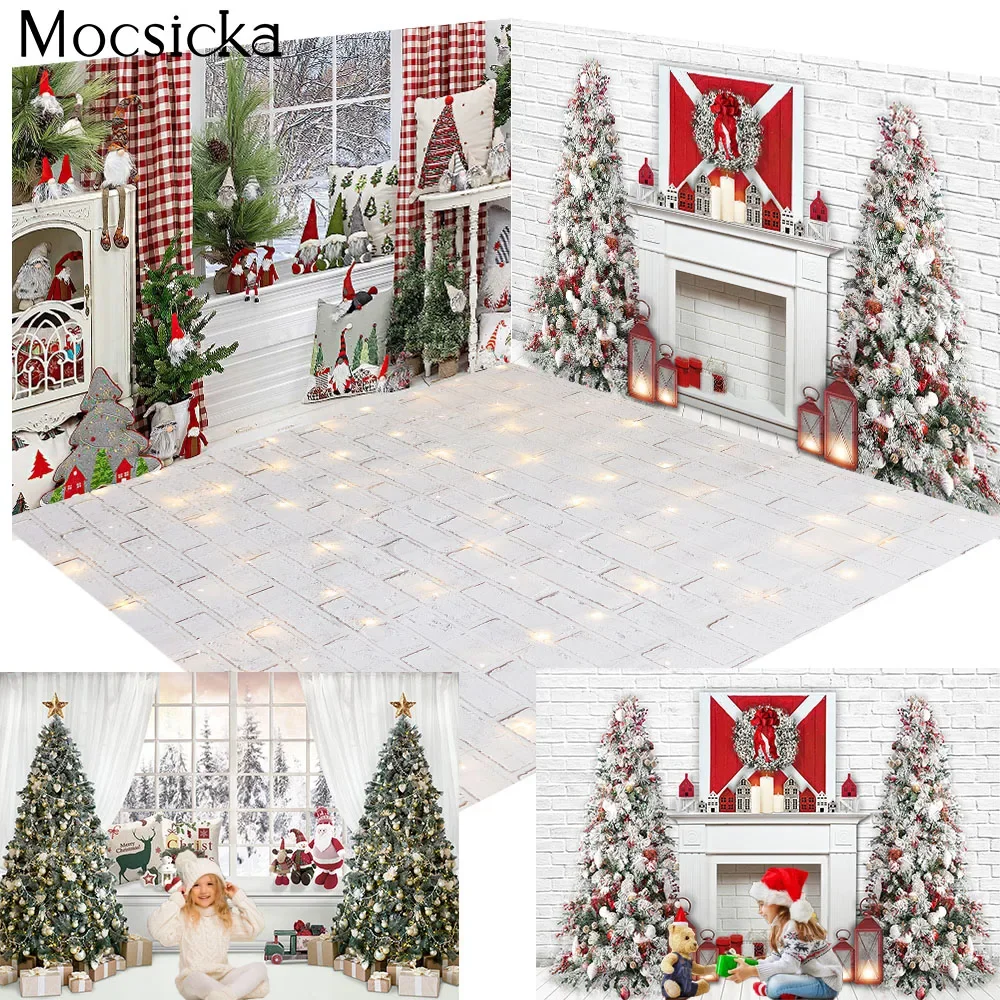 

Winter Christmas Home Decoration Photography Background Fireplace Santa Claus Toy Gift Red White Retro Wall Backdrop Photobooth