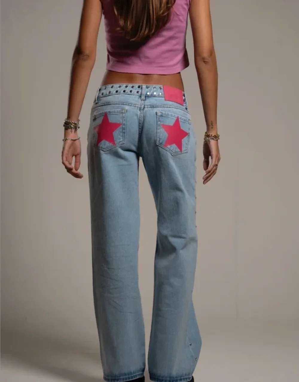 Vintage estrela de cinco pontas impressão alta espera jeans mulher rua harajuku baggy jeans roupas femininas casuais calças jeans retas