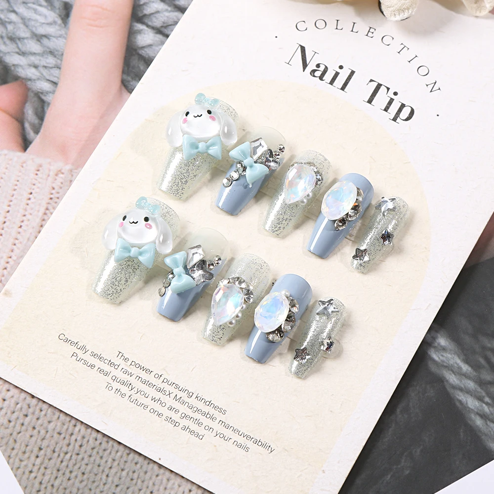 24Pcs/box Cinnamoroll Glitter Press on Nails with Opal Gems Y2K Blue Bow Charms Manicure Patch Fake Nails Detachable False Nails