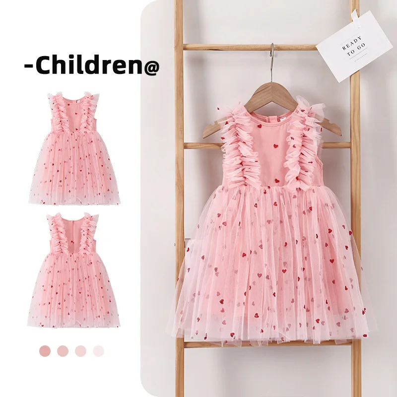 

Children's Clothing 2025 summer New Style girls' fashionable heart-shaped lace dress, Korean version sleeveless princess dress
