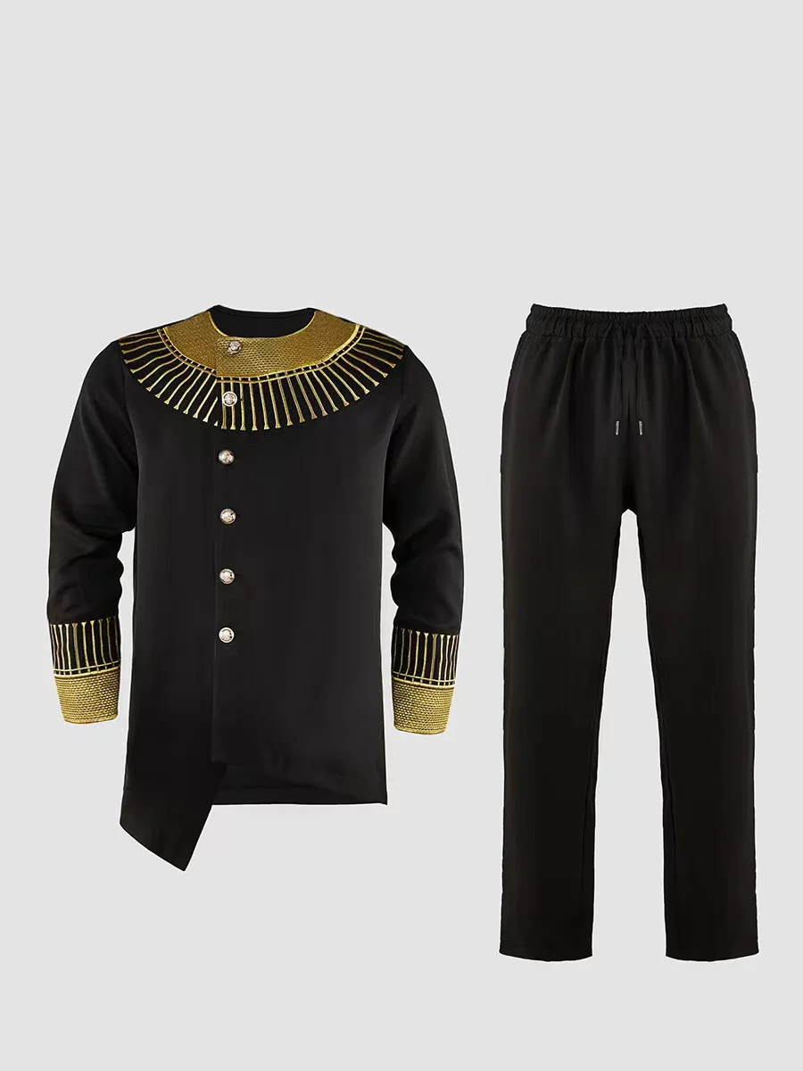 Men's Kaftan Set African Style Long Sleeve Embroidered Round Neck Shirt & Casual Pants Muslim Traditional Weddings Clothing