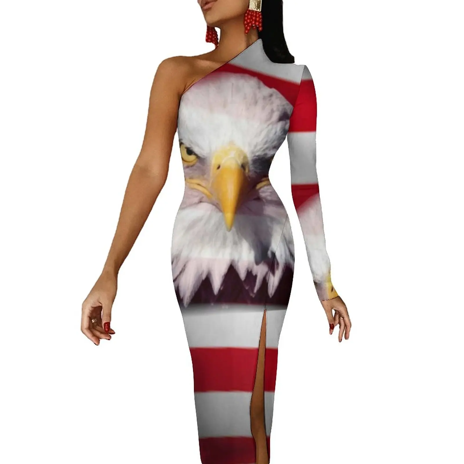 Eagle America Bodycon Dress Autumn Red And White Striped Star Print Elegant Side Split Long Dresses Lady Graphic Aesthetic Dress