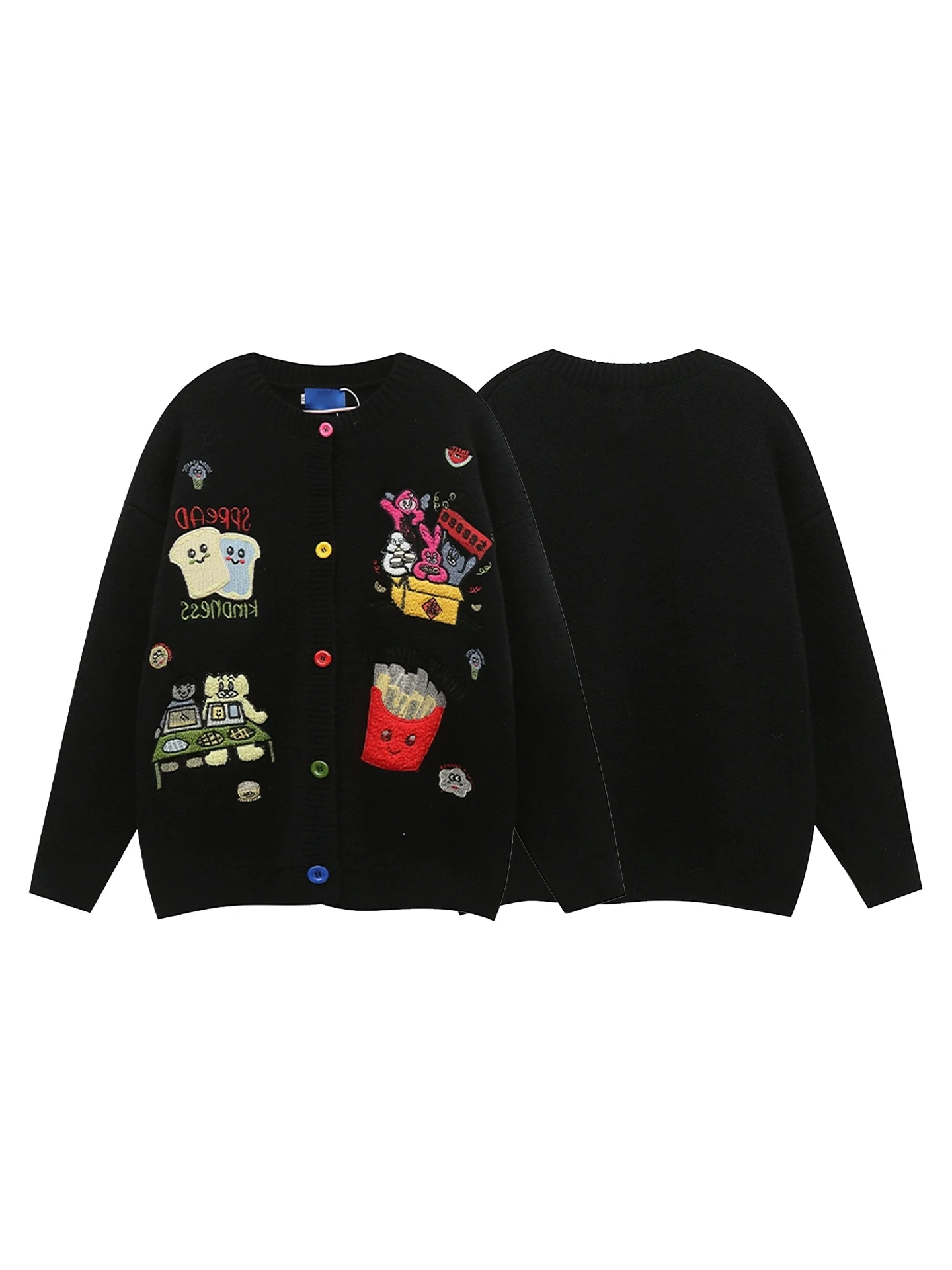 

Retro American Cartoon Embroidery College Sle Open Cardigan Sweater ex Autumn Winter Loose BF Knitwear Casual Brand