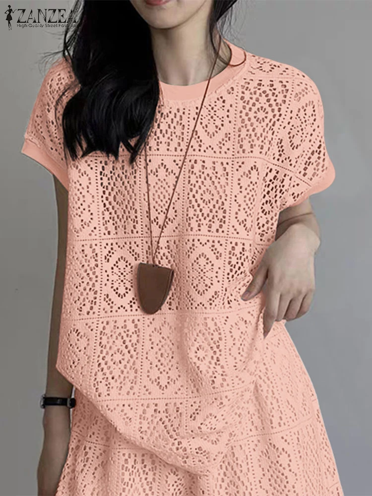 2025 Blusa de encaje de verano para mujer, Tops lisos con agujeros, ZANZEA, jerséis transparentes para la playa, Blusas informales de manga corta