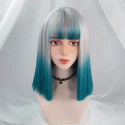 Medium Length Synthetic Straight Hair Ombre Gray Blue Women Lolita Cosplay Wigs With Bangs for Daily Party
