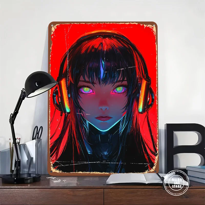 Cyberpunk Anime Girl Metal Poster Custom Wall Art Retro Vintage Tinplate Signs for Man Cave Modern Home Decoration Luxury Decor
