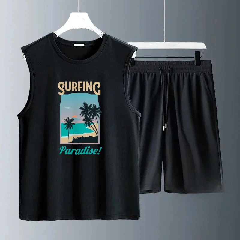 

2025 Men's Summer Sleeveless Casual Sets Blue Ocean Beach Print Breathable Outfit Comfortable Fashionable men's sports clothing
