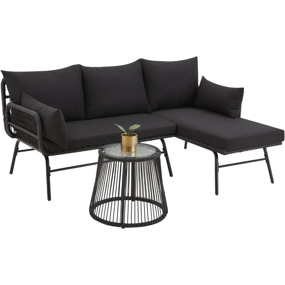 3 Piece Patio Conversation Sets L-Shaped Sectional Patio Furniture Sofa Set with Thick Cushions and Toughened Glass Coffee Table