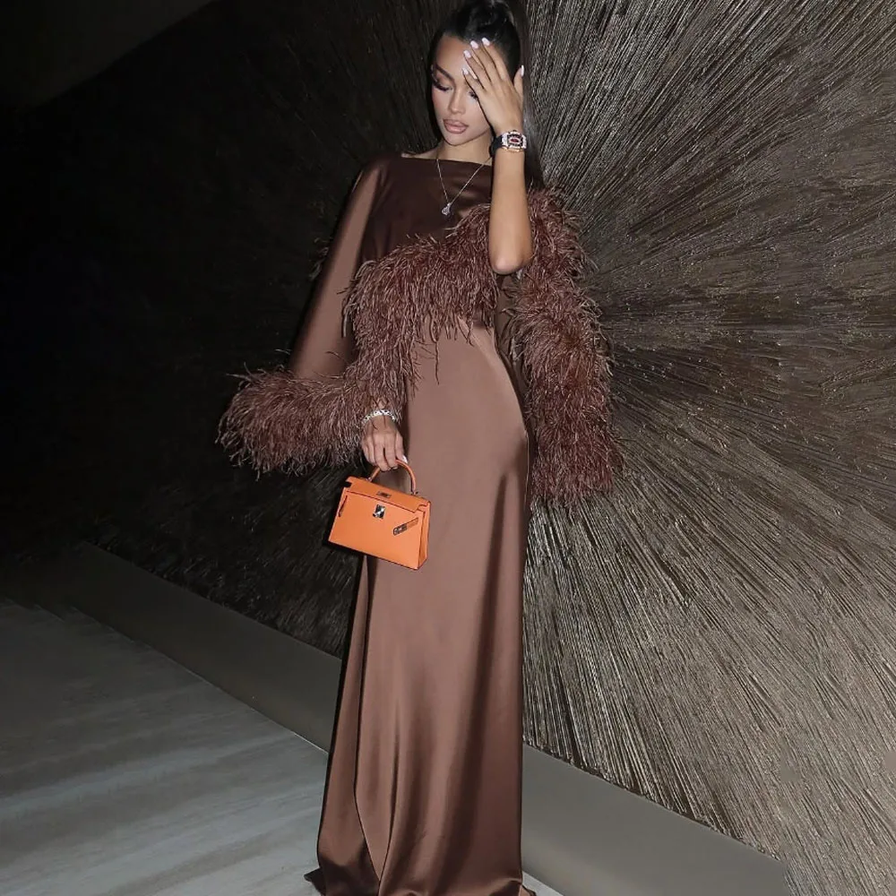 

Customized High Quality Floor Length Full Sleeves Feature Feathers High Collar Brown Evening Dress Vestidos Elegantes Para Mujer