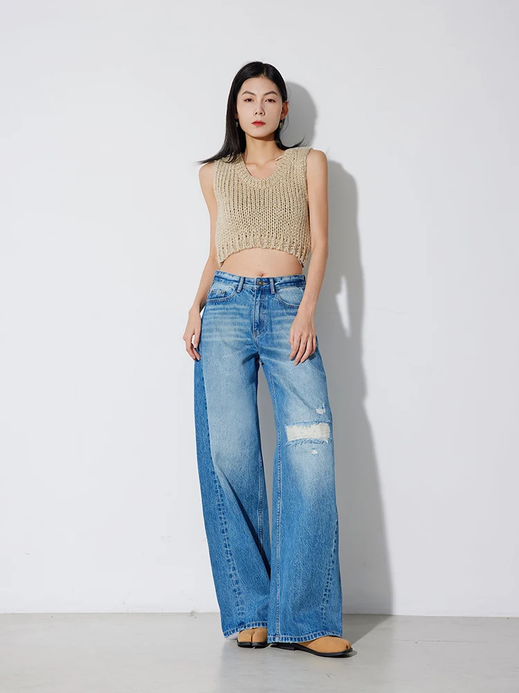 

Женские повседневные свободные джинсовые джинсы с высокой талией RUGOSAM, серия с широкими штанинами, осень-зима, Новое поступление, длинные брюки с дырками