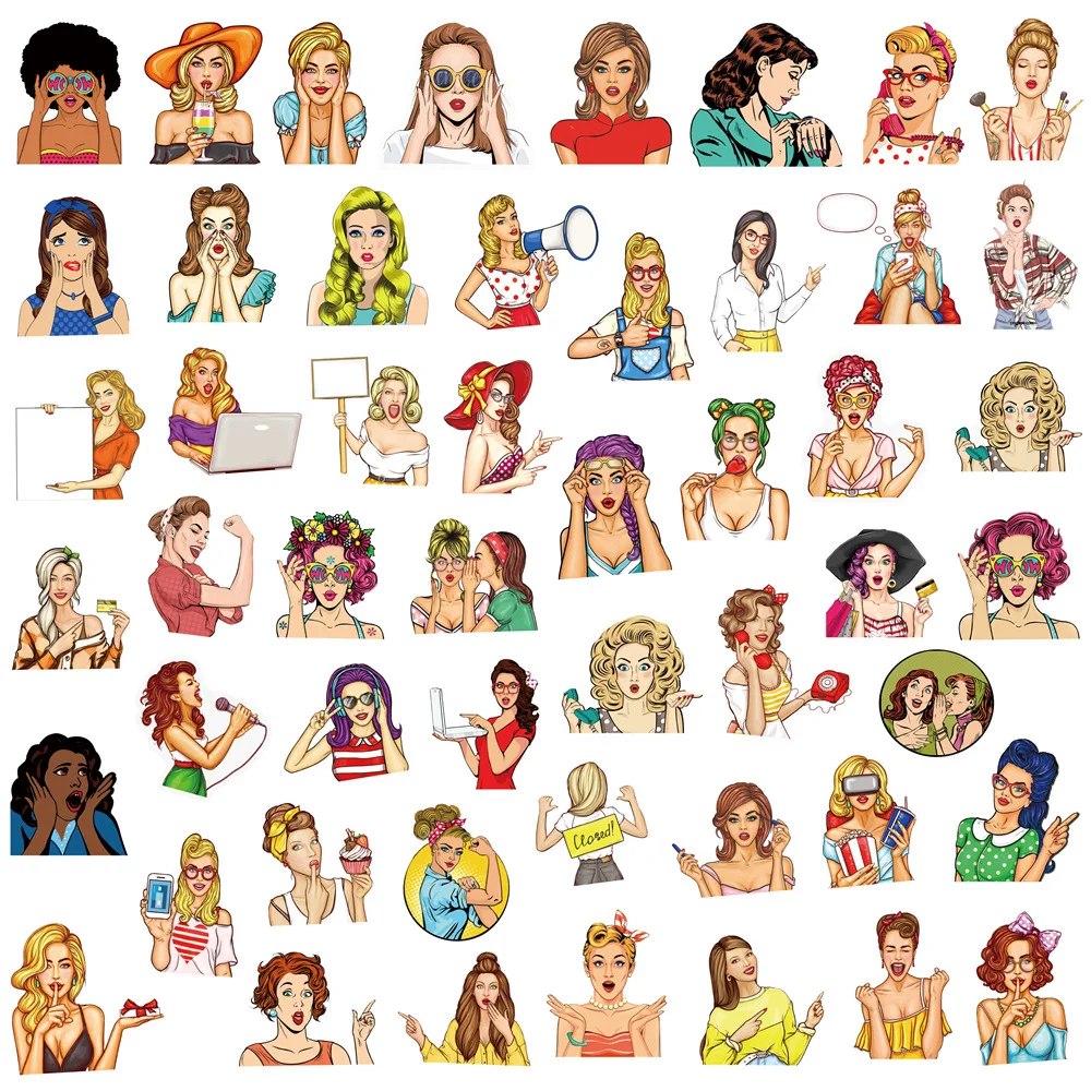 50Pcs Pop Art Girls Stickers For Luggage Water Cup Stationery Mobile Phone Car Scooter Laptop Refrigerator Decoration Sticker