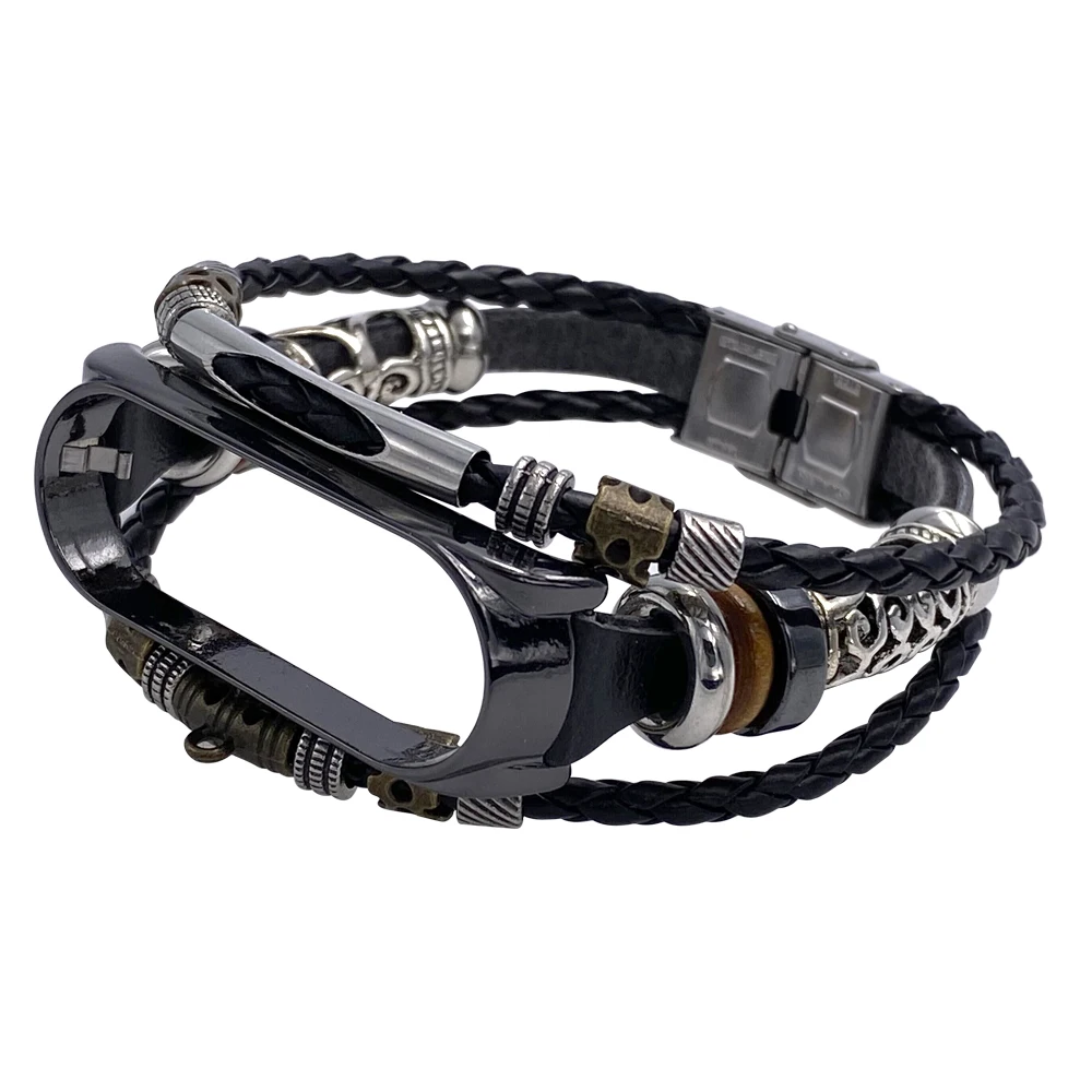 FIFATA Retro Beaded Style Metal+Leather Replacement Watch Strap For Xiaomi Mi Band 4/Mi Band 3 Smart Watch Wristband Accessories