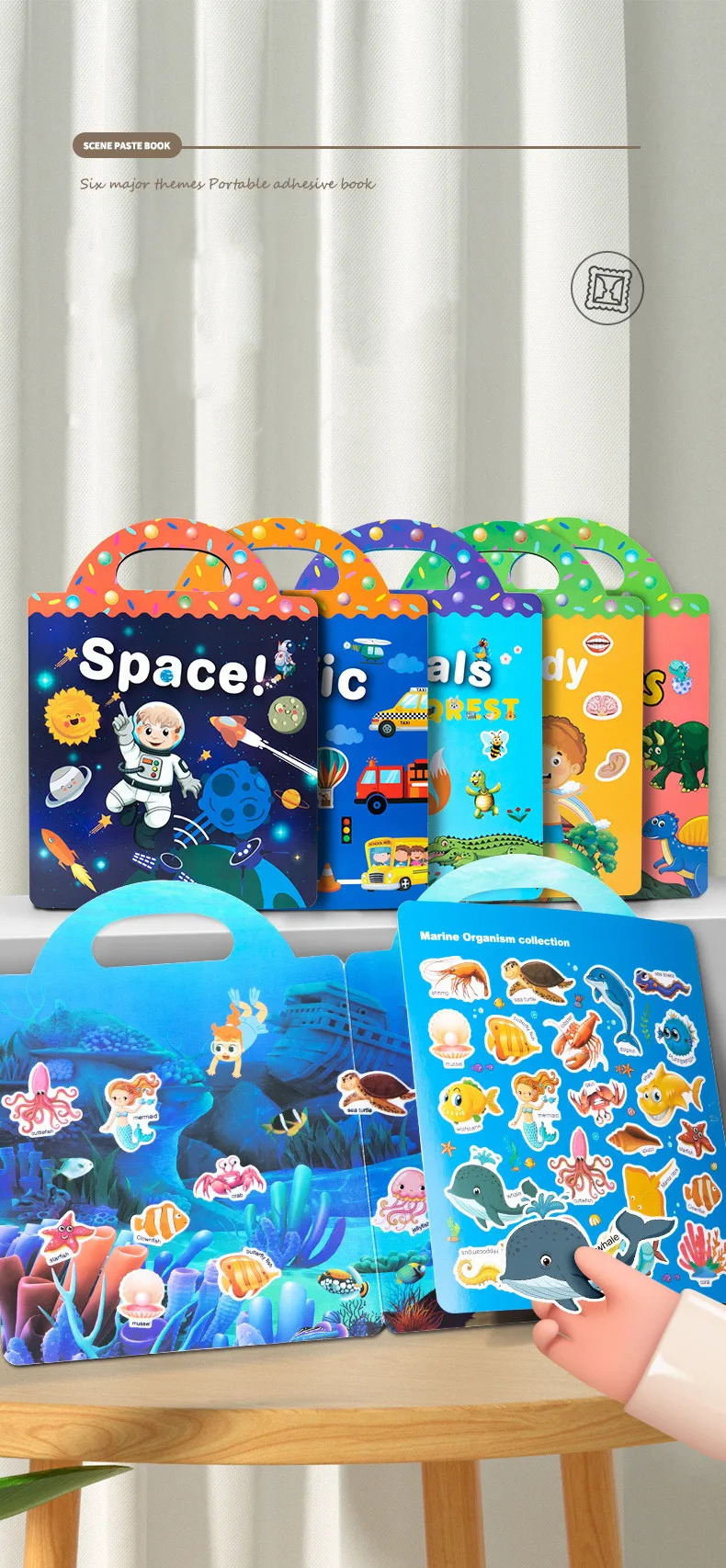 Wiederverwendbares Cartoon-Aufkleberbuch für Kinder, mehrere Scenos, DIY-Puzzlespiel, pädagogisches Lernen, klassisches Spielzeug für Kinder im Alter von 2–4 Jahren, Geschenke – Detail 7