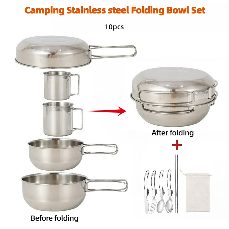 Pink Squirrel 10Pcs Portable Camping Cookware Set Outdoor Pot Sets Nature Hike Picnic Cooking Set With Foldable Spoon Fork Knife