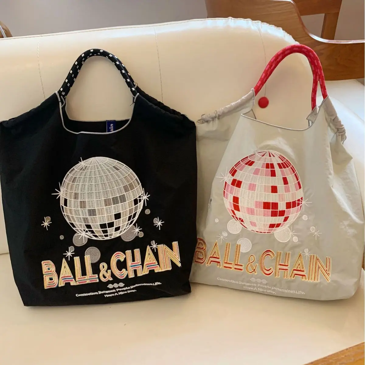 Disco Ball Embroidery Eco Bags Large Nylon Designer Bag Handbags Rope Handle Shoulder Bag Eco-friendly Shopper Purses Tote Hobo