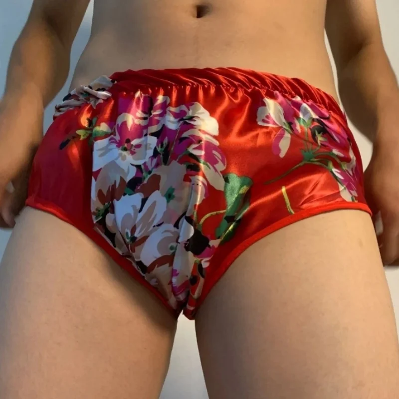 Man Glossy Floral Satin Embroidery Soft Silky Touch Briefs With Inside Band Hygiene Panties Dance Private Party Sexy Costume BF